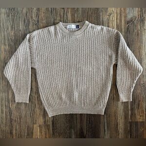 Vtg Bill Blass Hand Framed Knit Sweater Mens L Beige Textured 90s Grandpa Heavy